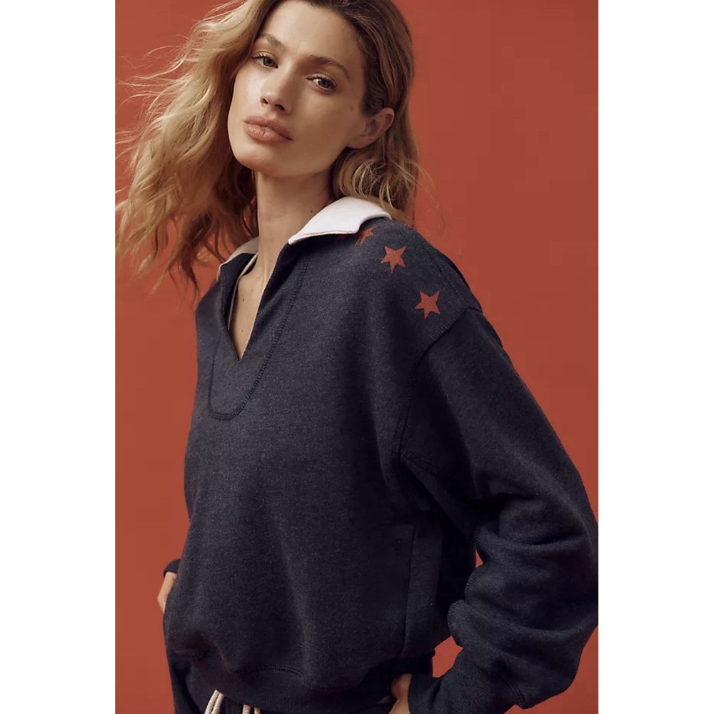 Sundry Anthro Vintage Terry Popover Navy Red Stars Sweatshirt Crop Sz M NWT $128